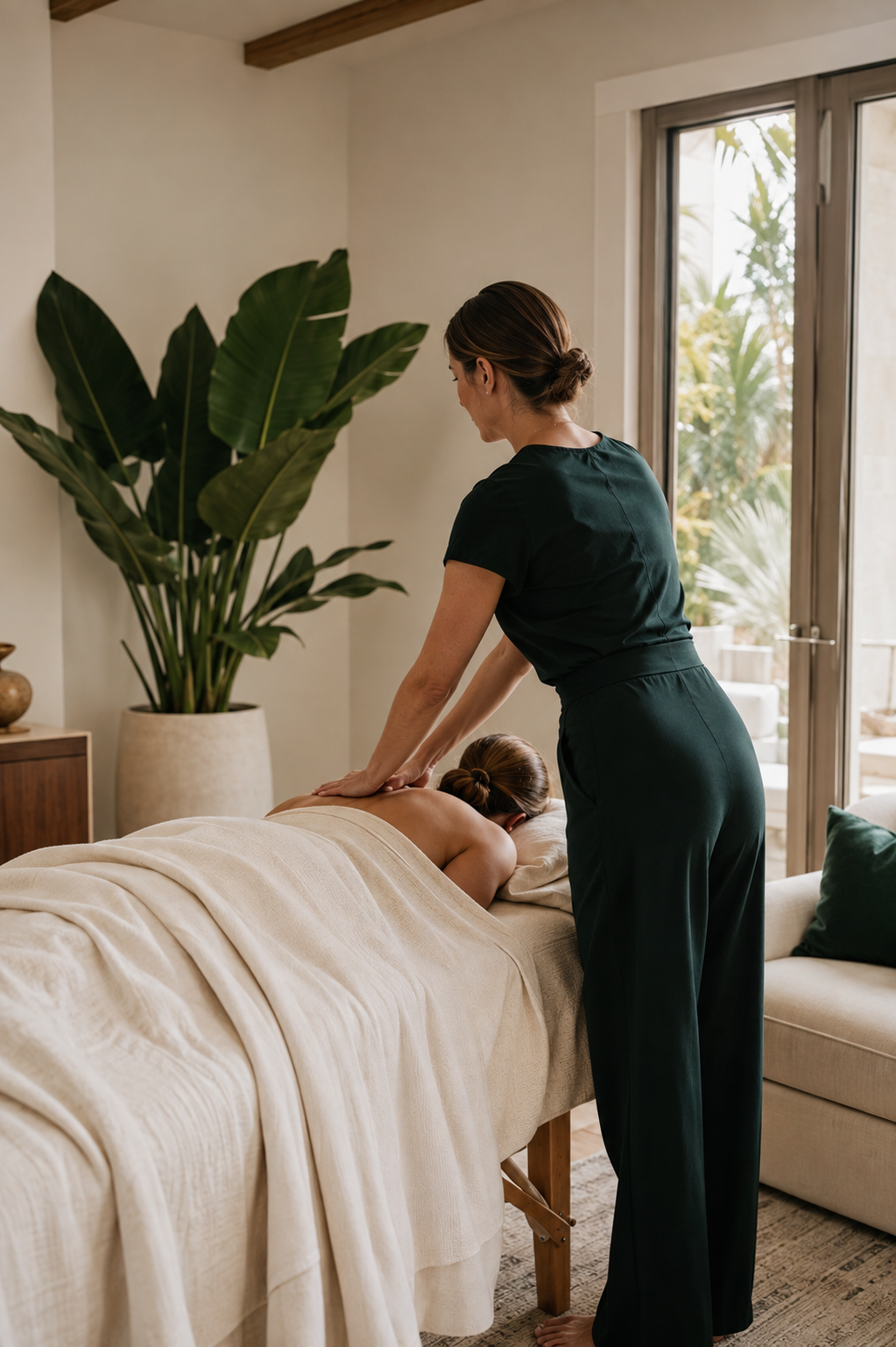 A professional massage therapist providing an in-home massage